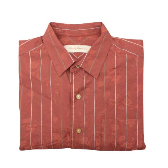 Tommy Bahama Shirt Mens Medium Red Segrada Bordeaux Stripe Island Beach‎ T35331 - Picture 1 of 13